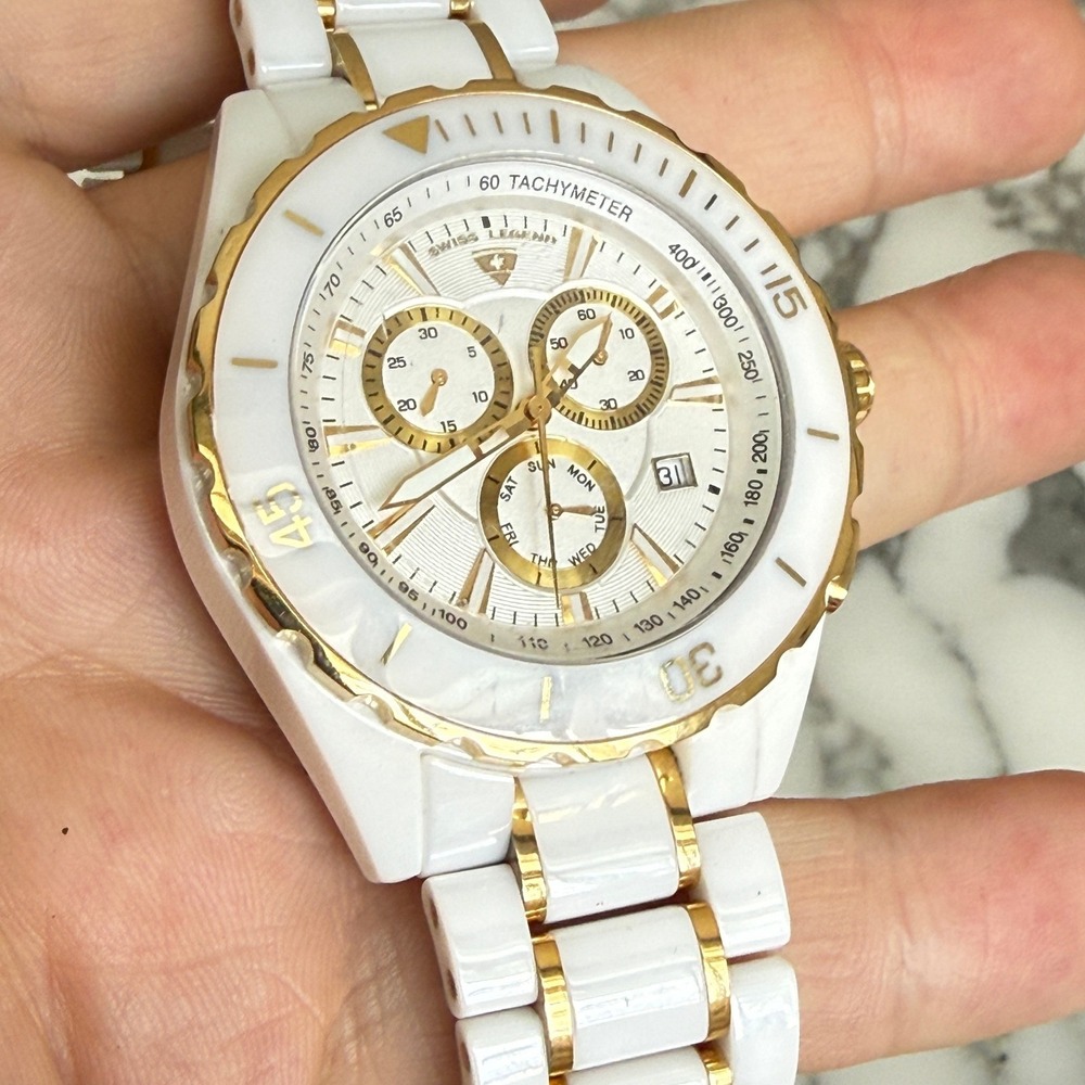 Swiss Legend Identity SL-10614 Chronograph White Ceramic Watch Gold 47mm